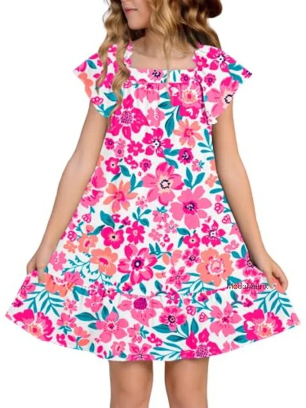 Girls Ruffle Sleeve Sundress Floral Square Neck Casual Summer Dress with Pockets